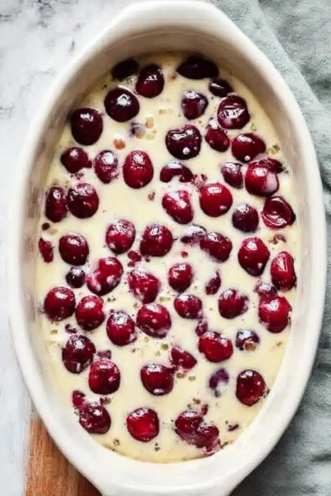 Cherry Clafoutis Recipe – Easy French Dessert with Juicy Cherries 10 Cherries submerged in clafoutis batter inside a cream ceramic dish, ready to bake.