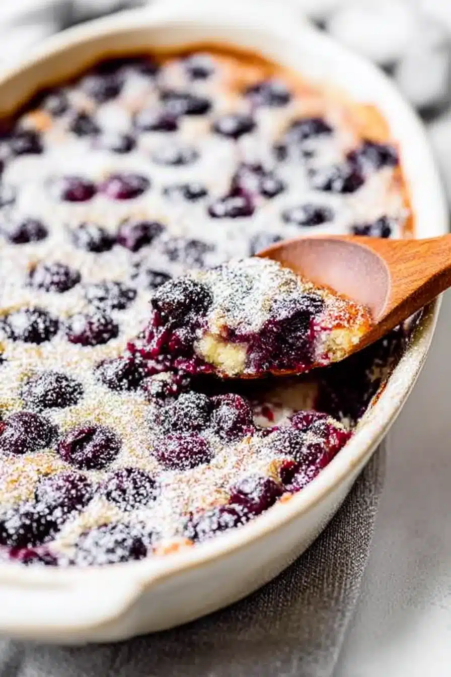Freshly baked cherry clafoutis in a white oval dish, dusted with powdered sugar and served with a wooden spoon.