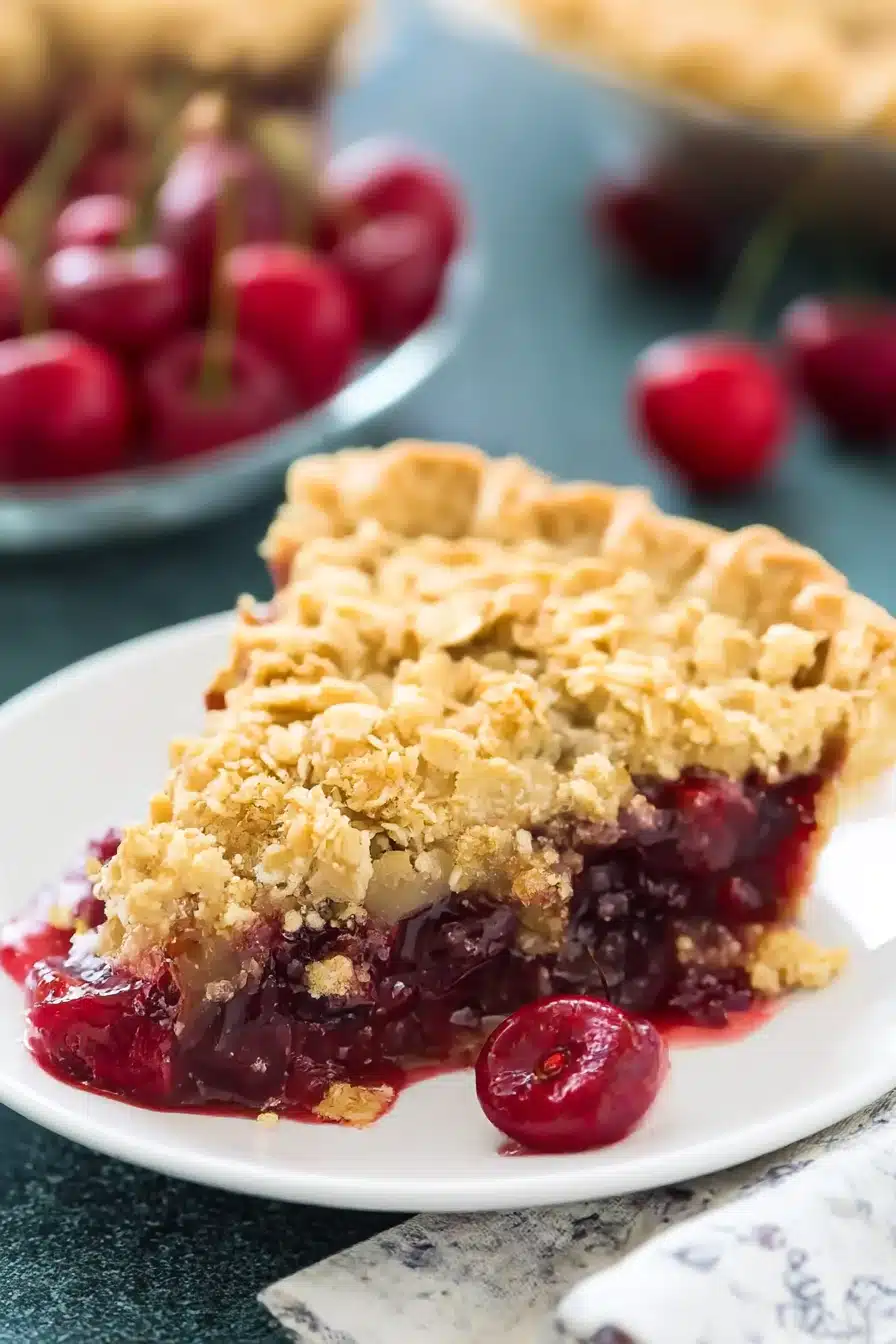Close-up of a cherry crumble pie slice with golden oat topping and juicy cherry filling on a white plate