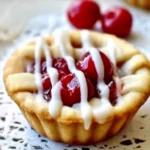 Cherry Pie Cookie Cups – Easy Bite-Sized Party Treats 7 Bite-sized cherry pie cookie cup topped with glossy cherries and white icing, served on a lace doily.