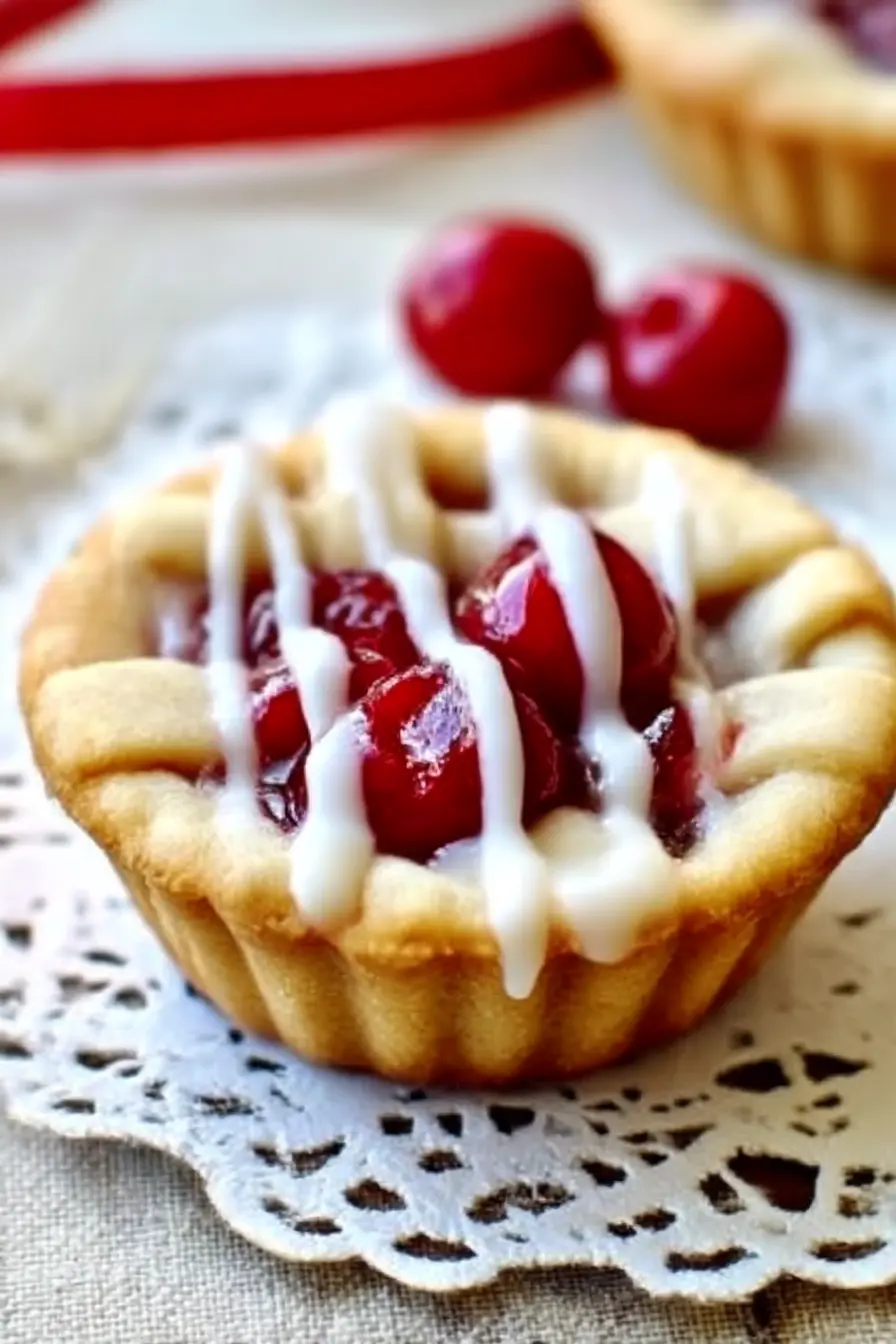 Bite-sized cherry pie cookie cup topped with glossy cherries and white icing, served on a lace doily.