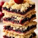 Cherry Pie Crumb Bars 3 Stack of cherry pie crumb bars with buttery crust, juicy cherry filling, and golden crumb topping on a white plate.
