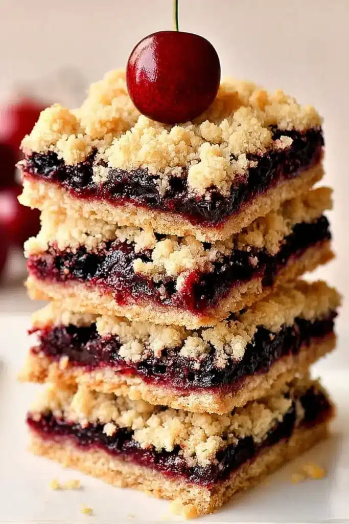 Stack of cherry pie crumb bars with buttery crust, juicy cherry filling, and golden crumb topping on a white plate.