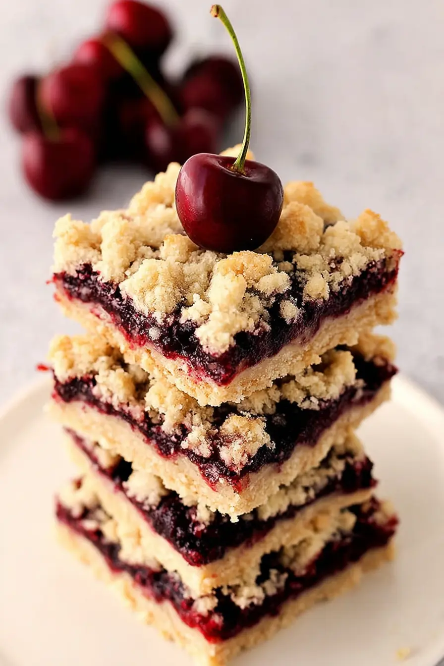 Cherry Pie Crumb Bars with Buttery Crust and Juicy Cherry Filling Close-up of stacked cherry pie crumb bars topped with a fresh cherry, showing layers of golden crumble, cherry filling, and buttery crust.