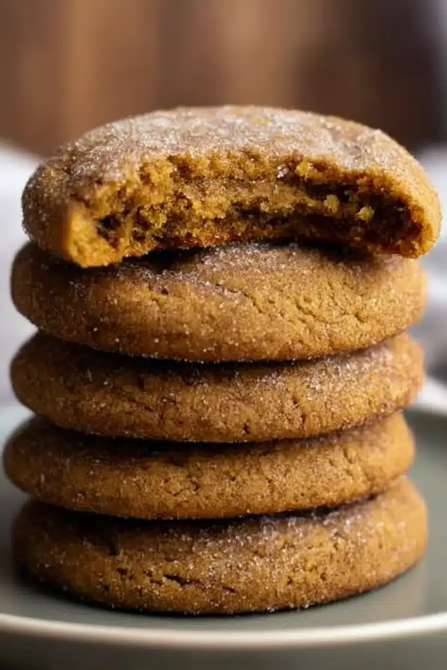 Stack of chewy pumpkin cookies with a sugar-dusted top cookie missing a bite, showing soft and moist inside