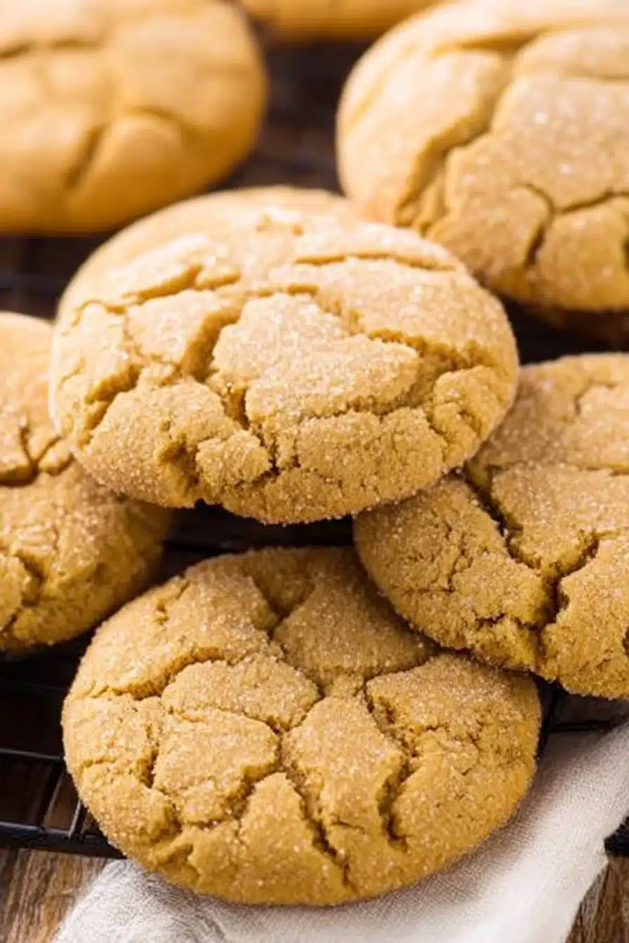 Chewy pumpkin sugar cookies with cracked golden tops, coated in sugar, resting on a cozy linen cloth for a rustic fall dessert look.