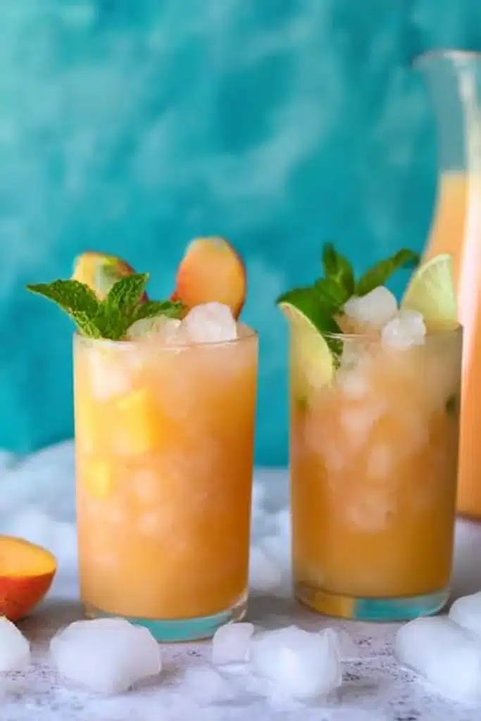 Pineapple Peach Agua Fresca: Easy, Refreshing Summer Drink 11 Two glasses of pineapple peach agua fresca with mint, lime, and peach on a rustic teal background