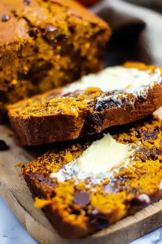 Two slices of chocolate chip pumpkin bread topped with thick melting butter

