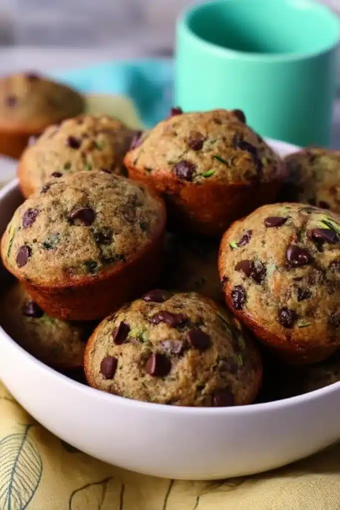 Homemade chocolate chip zucchini muffins in a white bowl with visible chocolate chips and zucchini flecks