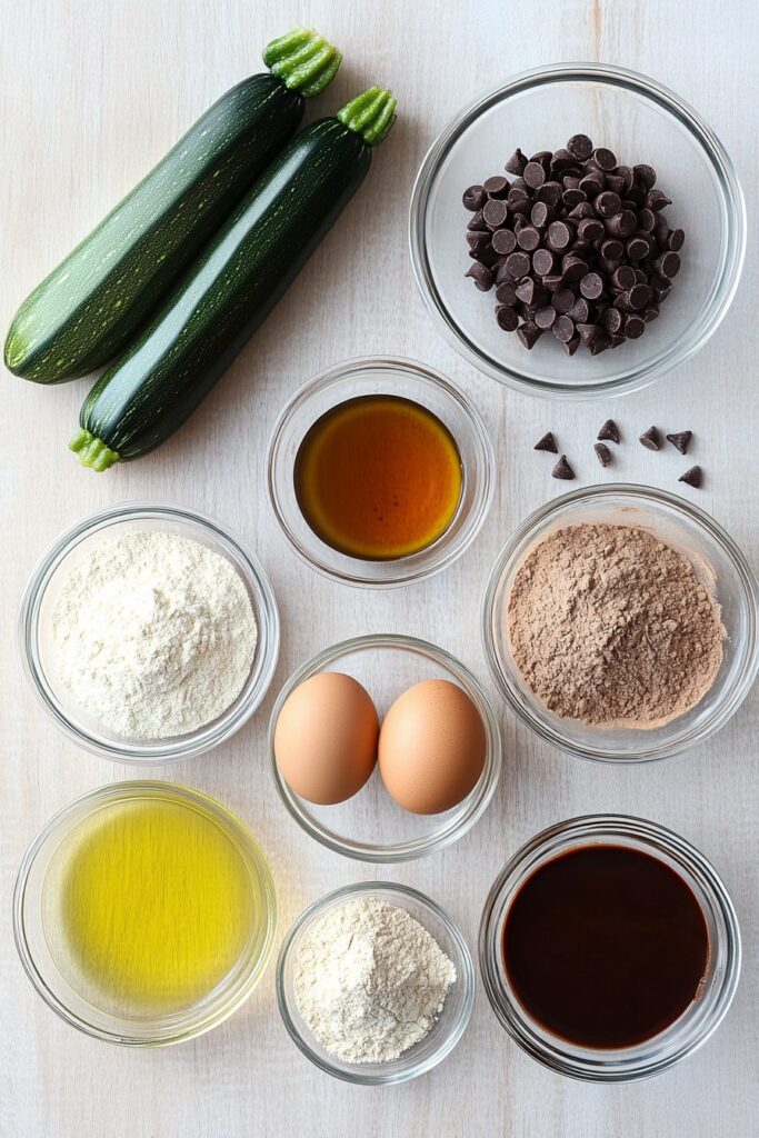 Chocolate Zucchini Muffins Delicious & Easy 9 Baking ingredients for chocolate zucchini muffins including whole zucchini, eggs, cocoa powder, flour, maple syrup, and chocolate chips on a kitchen counter.
