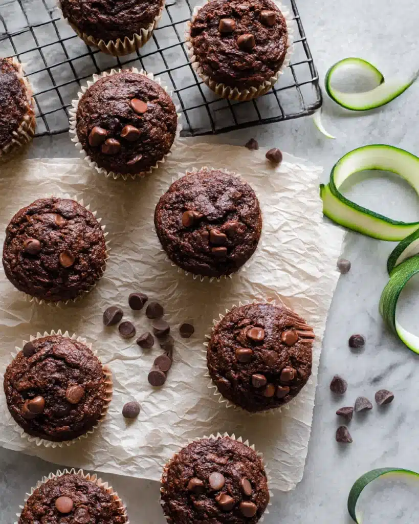 Fresh chocolate zucchini muffins cooling on a rack with chocolate chips and zucchini ribbons on a marble background

