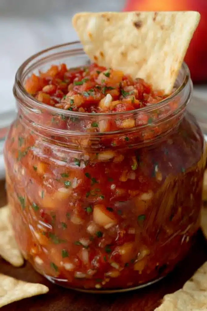 Easy Peach Salsa Recipe – Sweet, Spicy, and Bursting with Summer Flavor 11 Close-up of peach salsa in a mason jar with a tortilla chip and visible peach, tomato, and herb textures