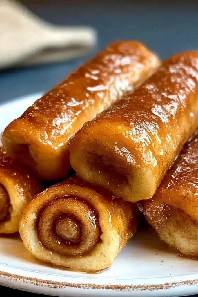 Cinnamon Roll French Toast Roll-Ups with golden-brown crust, sticky cinnamon glaze, and powdered sugar on a white plate