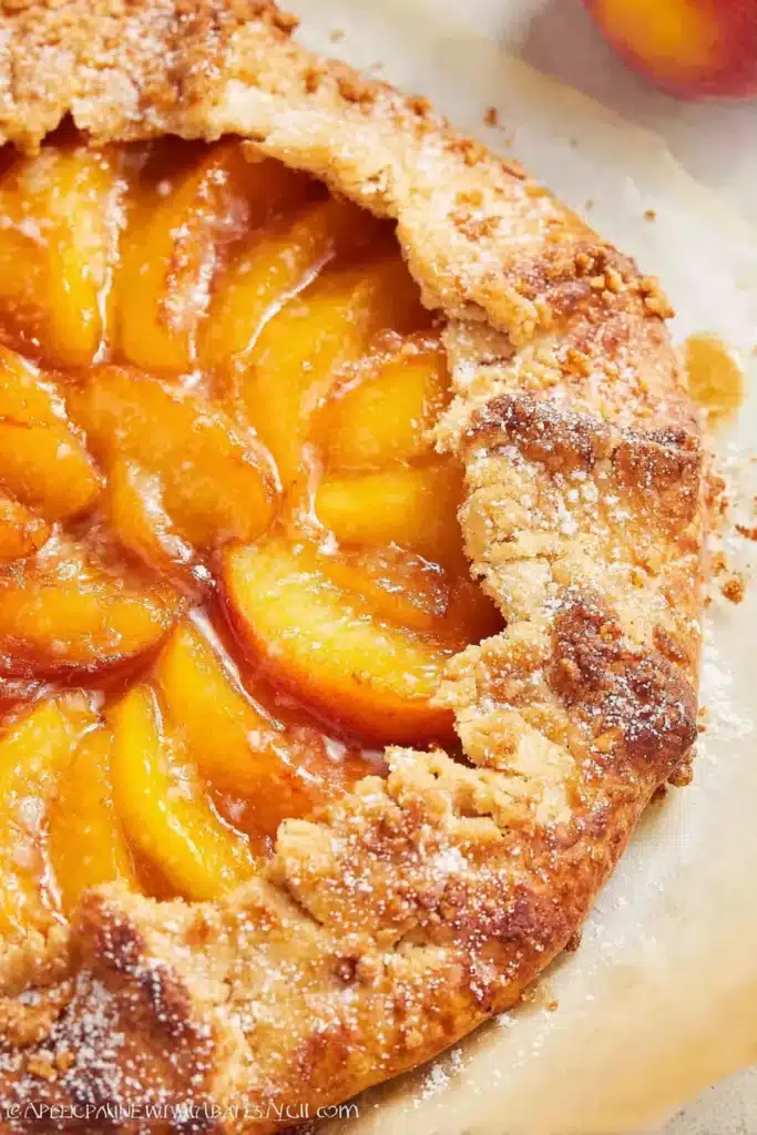 Close-up of a rustic peach galette recipe with golden flaky crust and juicy cinnamon-sugar peaches on parchment paper