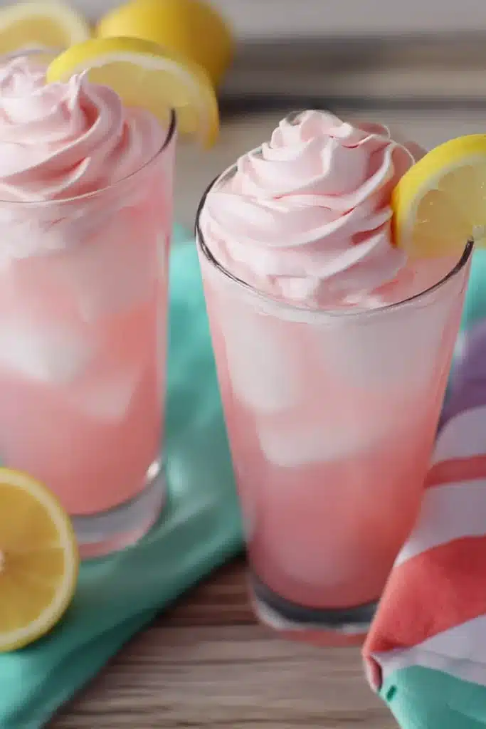 Close-up of whipped pink lemonade topped with creamy swirl and lemon slice, served over ice in a tall glass.

