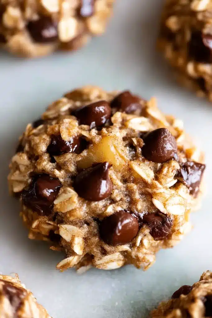 Banana Oatmeal Cookies – Soft, Healthy & Totally Delicious 10 Close-up of a soft banana oatmeal cookie with oats and chocolate chips on a light stone surface