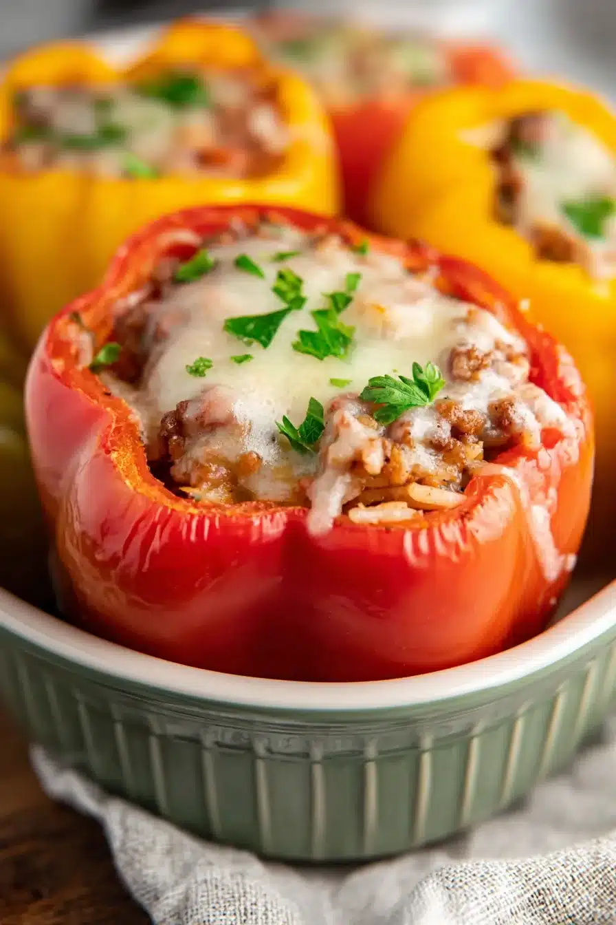Close-Up of Cheesy Stuffed Bell Pepper with Meat and Rice Close-up of a baked red stuffed pepper filled with meat, rice, and cheese — a hearty stuffed peppers recipe topped with parsley in a ceramic dish.