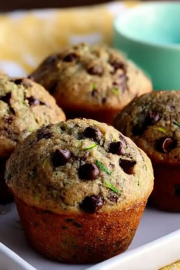 Close-up of moist chocolate chip zucchini muffins on a white tray with golden crust and visible zucchini flecks

