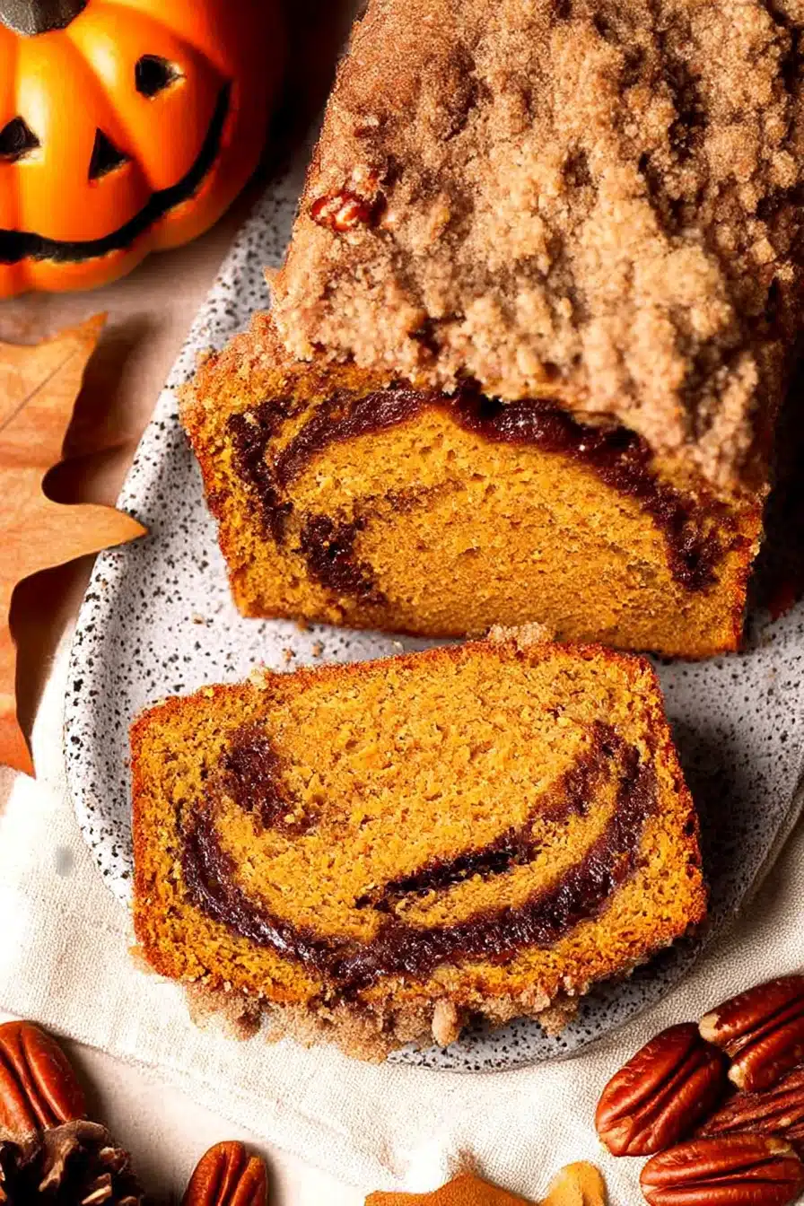 Close-up of moist cinnamon swirl pumpkin bread with crumbly pecan topping and gooey cinnamon layers