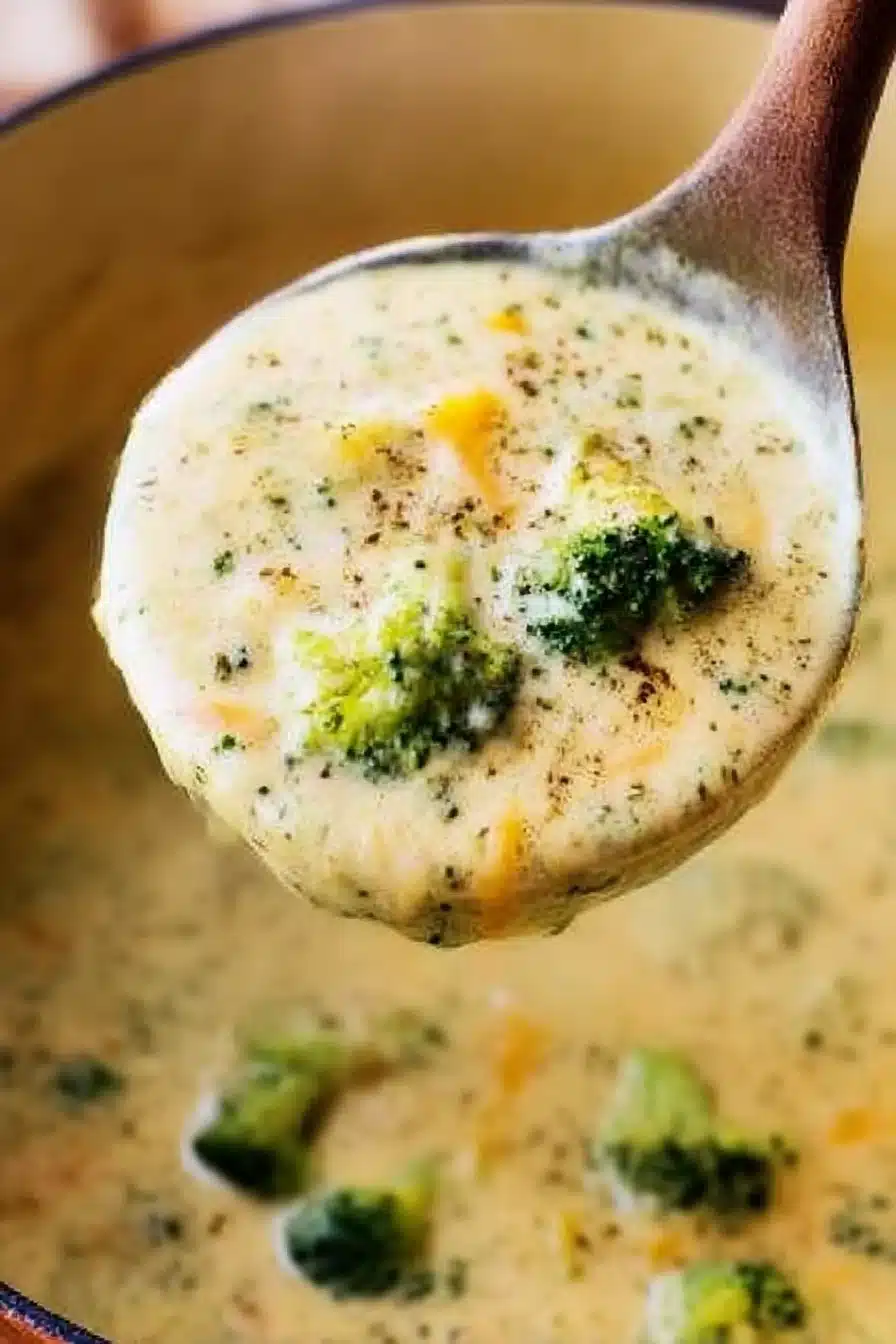 Ladle filled with creamy broccoli cheddar soup, showcasing melted cheese and fresh broccoli in a thick, rich base.