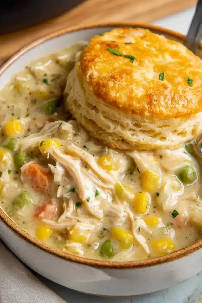 Close-up of crock pot chicken pot pie filling topped with a golden biscuit in a rustic bowl.

