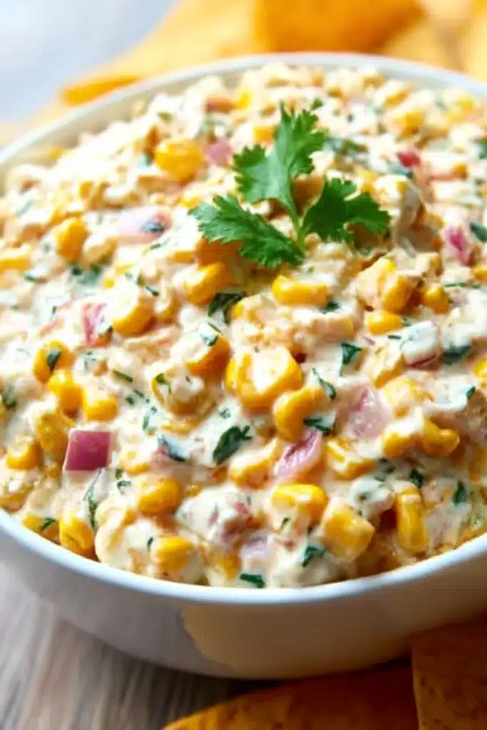 Close-up of creamy corn salsa in a white bowl, with fresh cilantro and corn kernels in a creamy, colorful dip.

