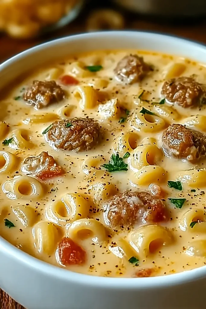 Close-up of creamy parmesan Italian sausage ditalini soup with pasta, sausage, and fresh herbs

