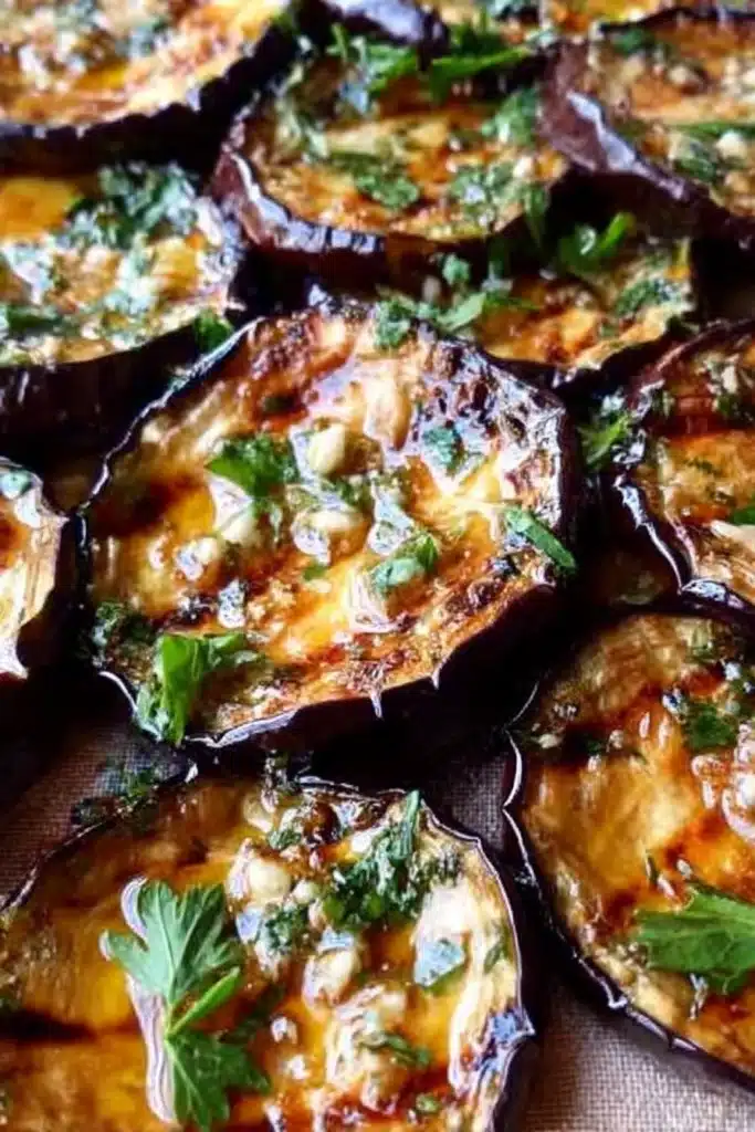 Grilled Eggplant with Garlic & Herbs (Mouthwatering & Easy) 5 Close Up of Garlic Herb Grilled Eggplant