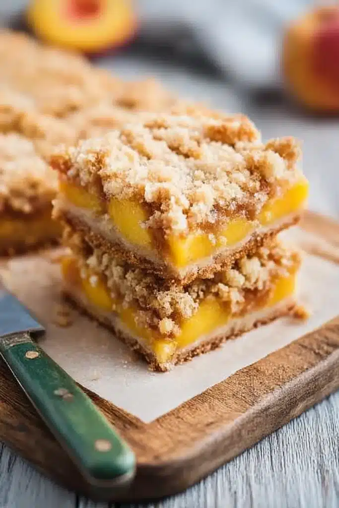 Stacked peaches and cream crumble bars showing juicy peach layers, buttery crust, and crisp streusel topping on a rustic board.

