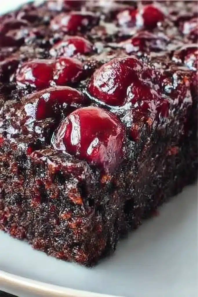 Chocolate Cherry Upside Down Cake – Deliciously Easy & Moist Midweek Treat! 7 Close Up of Moist Chocolate Cherry Upside Down Cake with Cherry Glaze