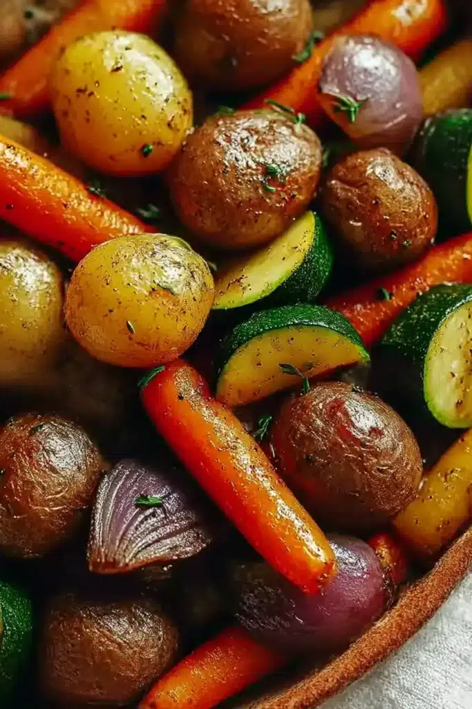 Garlic Herb Roasted Veggies – Crispy, Easy, and Flavor-Packed Side Dish 4 Garlic herb roasted veggies served in a ceramic bowl with baby potatoes, carrots, zucchini, and onions.