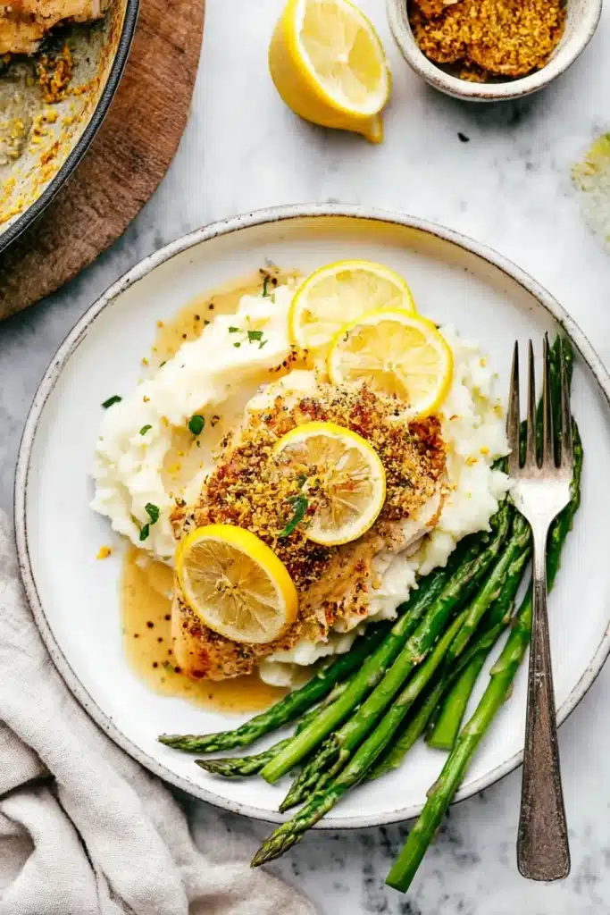Lemon Pepper Chicken – Easy 20-Minute One-Pan Recipe 8 Lemon pepper chicken served with mashed potatoes and asparagus on a white plate