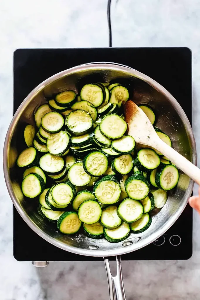 Fresh zucchini slices in a stainless skillet being stirred with a wooden spoon over an induction burner

