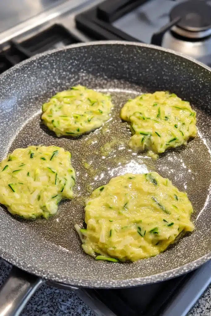 Zucchini fritter batter cooking in a speckled frying pan with visible shredded zucchini and onion, sizzling lightly in oil.

