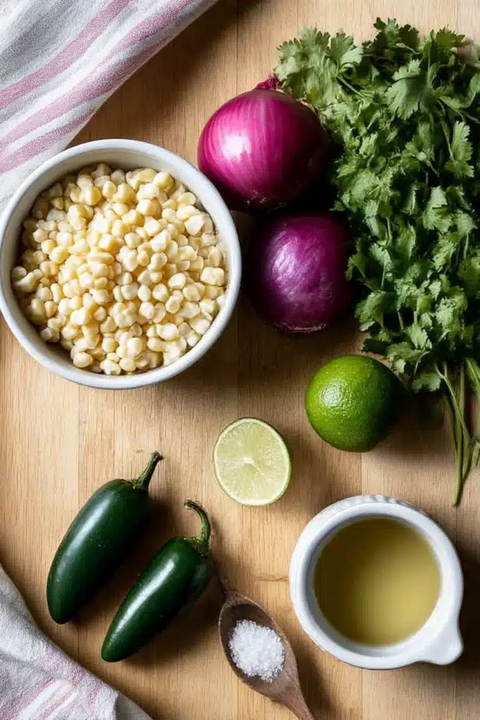 Flat lay of corn salsa ingredients including frozen corn, red onion, jalapeños, lime, cilantro, lime juice, and salt on a pale wood cutting board

