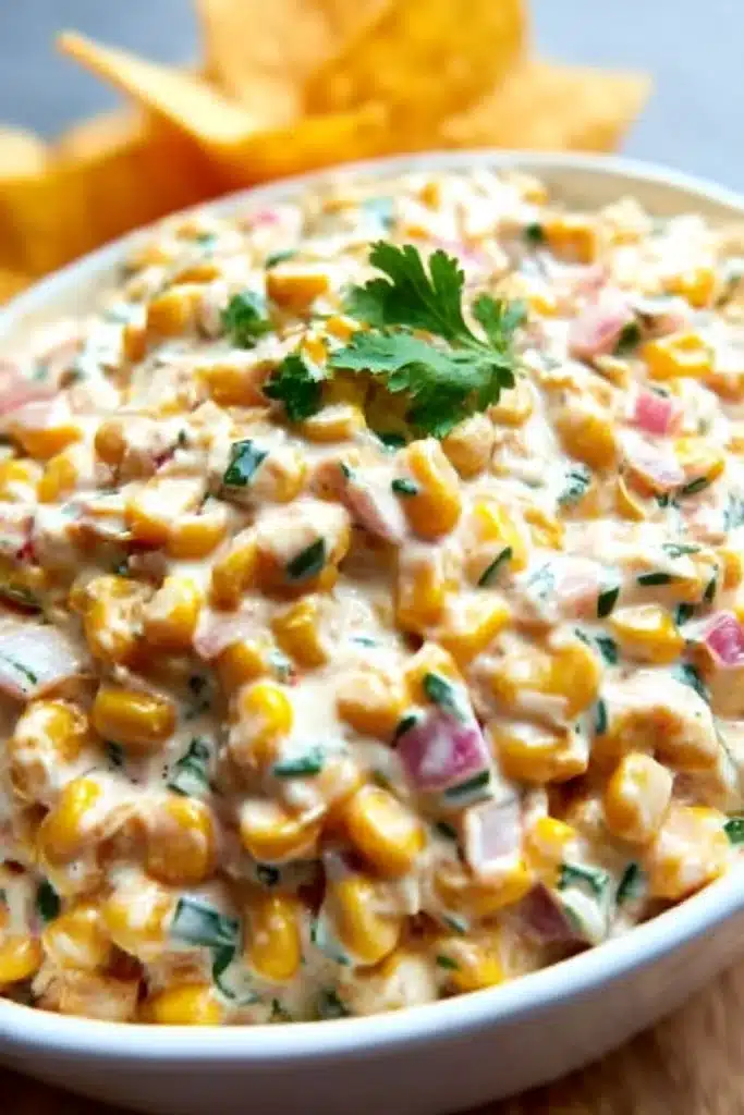 Close-up of creamy corn salsa with corn, peppers, onions, and cilantro in a white bowl, served with chips.