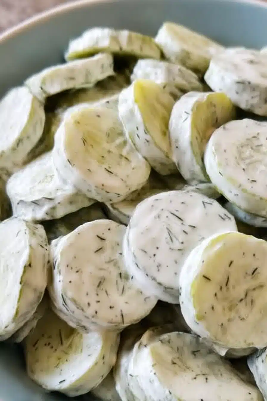 Close-up of creamy cucumber salad with dill dressing on sliced cucumbers