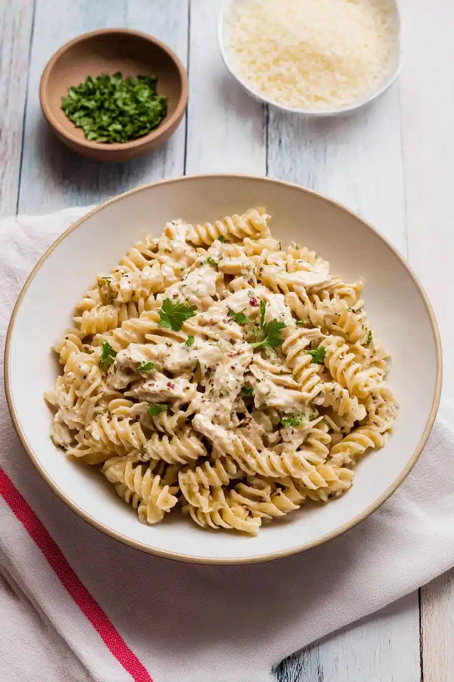 Crockpot Garlic Parmesan Chicken Pasta served in a white bowl with rotini, shredded chicken, creamy garlic parmesan sauce, and fresh parsley garnish
