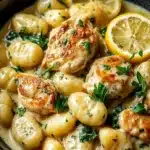 Lemon Chicken Gnocchi: Creamy One-Pot Dinner Delight 6 Bowl of creamy lemon chicken gnocchi with seared chicken, soft gnocchi, fresh parsley, and lemon slices in a rich sauce.