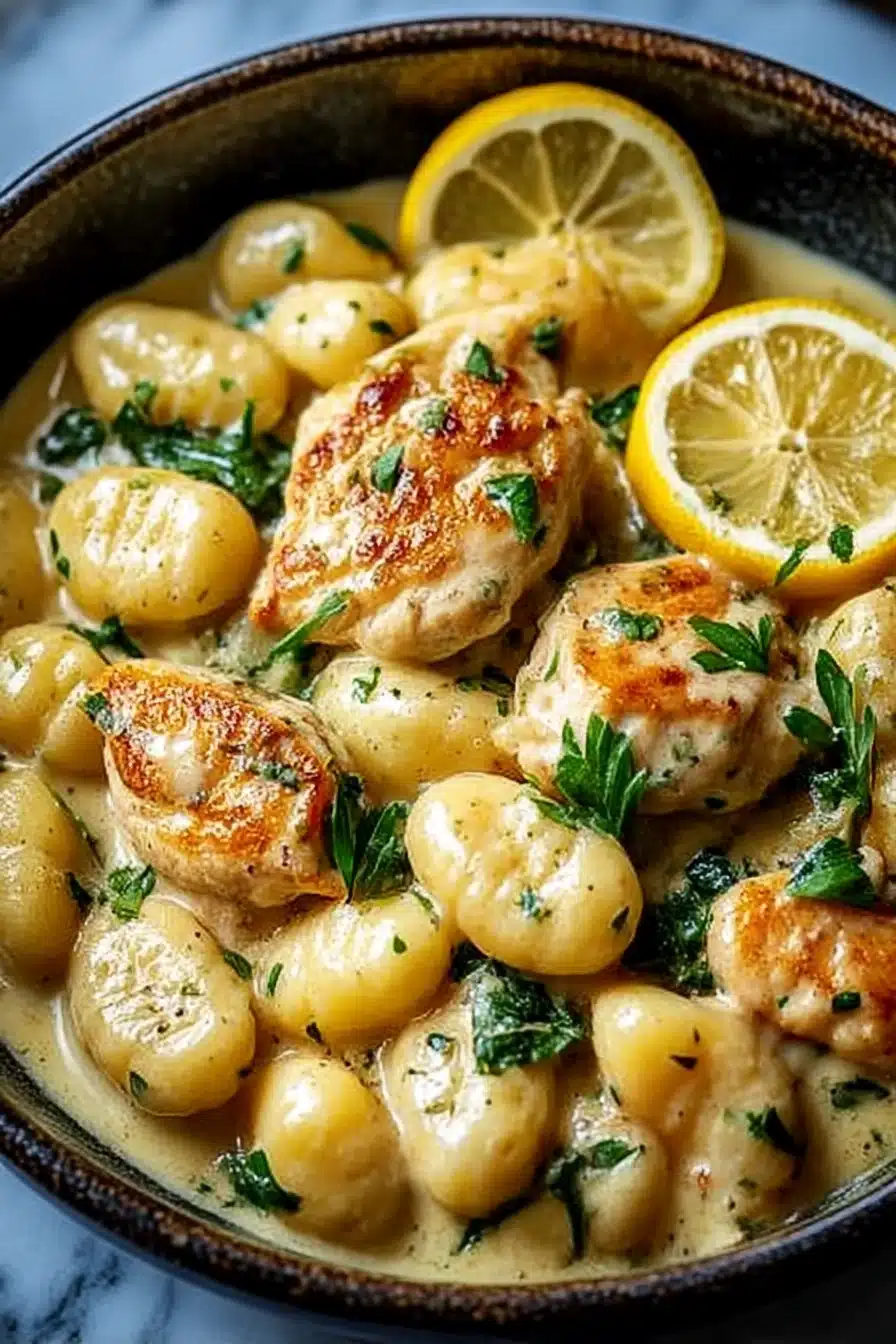 Bowl of creamy lemon chicken gnocchi with seared chicken, soft gnocchi, fresh parsley, and lemon slices in a rich sauce.
