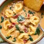 Marry Me Chicken Soup Recipe: Creamy, Cozy, and Delicious 7 A creamy Marry Me Chicken Soup with tortellini, spinach, sun-dried tomatoes, and garlic bread in a ceramic bowl on a wooden surface.