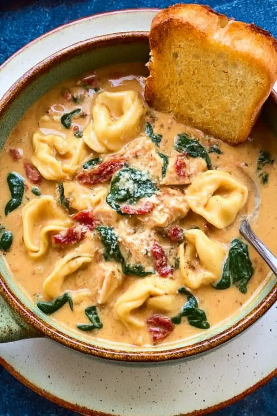 A creamy Marry Me Chicken Soup with tortellini, spinach, sun-dried tomatoes, and garlic bread in a ceramic bowl on a wooden surface.