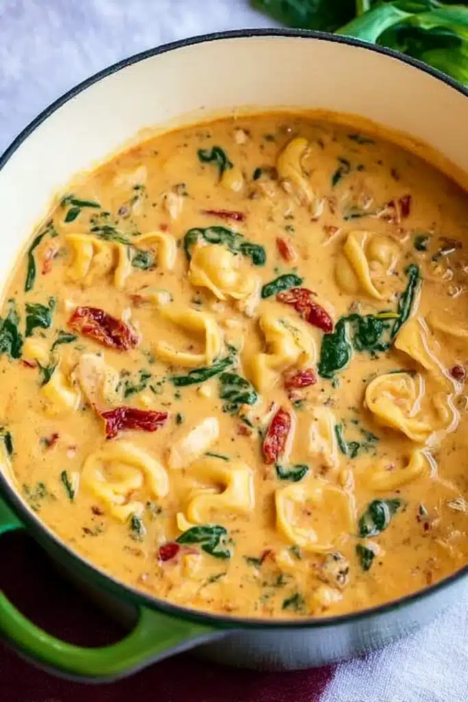 Marry Me Chicken Soup Recipe: Creamy, Cozy, and Delicious 5 Dutch oven filled with creamy Marry Me Chicken Soup with tortellini, spinach, chicken, and sun-dried tomatoes on a rustic wooden surface.