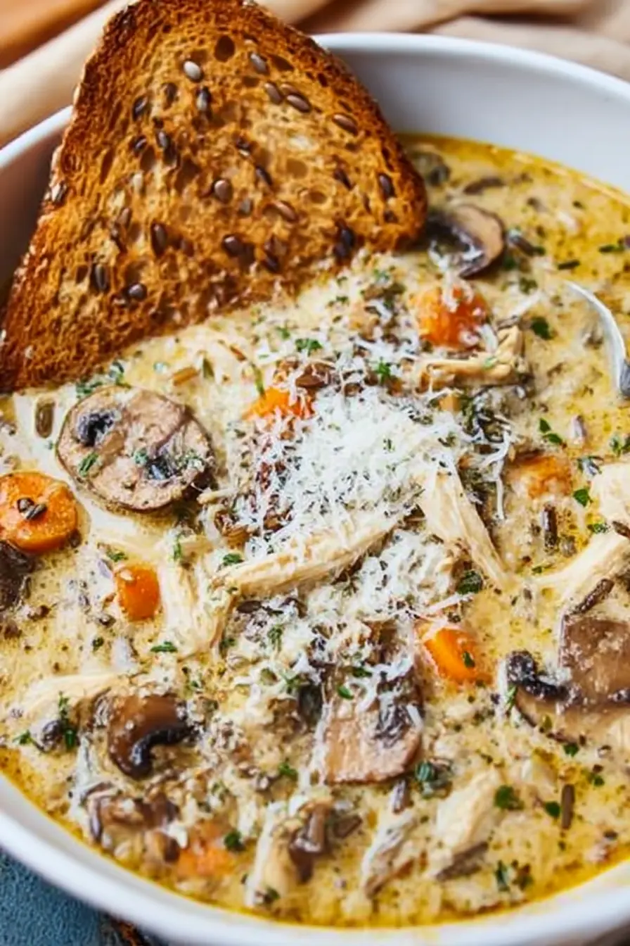 Bowl of creamy mushroom chicken and wild rice soup topped with parmesan and toasted multigrain bread.