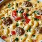 Bowl of creamy parmesan Italian sausage ditalini soup topped with fresh parsley and diced tomatoes
