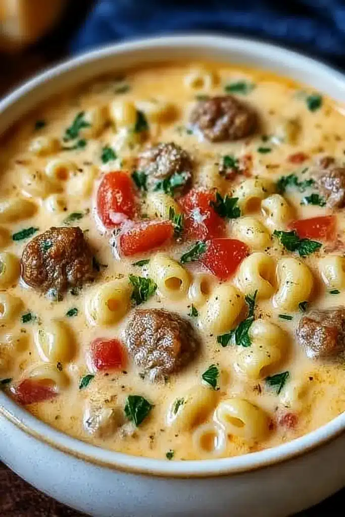 Bowl of creamy parmesan Italian sausage ditalini soup topped with fresh parsley and diced tomatoes