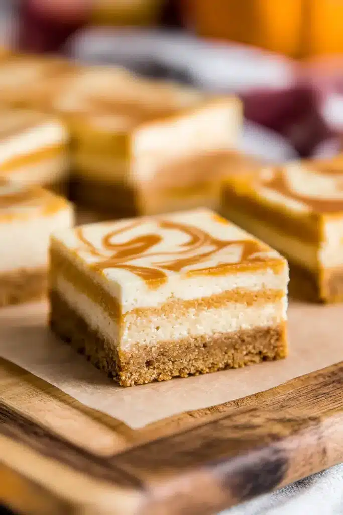 Pumpkin Cheesecake Bars – Easy, Creamy Fall Favorite 8 Pumpkin cheesecake bar with marbled swirl topping on parchment over a wooden board