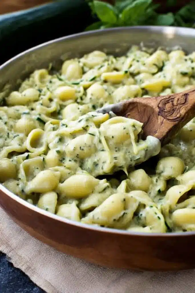 Shell pasta coated in creamy zucchini sauce with herbs in a rustic skillet

