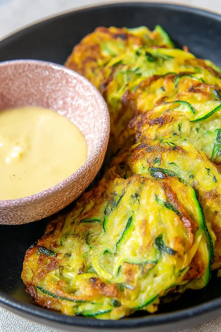 Close-up of crispy 4-ingredient zucchini fritters with golden edges and shredded zucchini, served with creamy dipping sauce in a pink ceramic bowl.