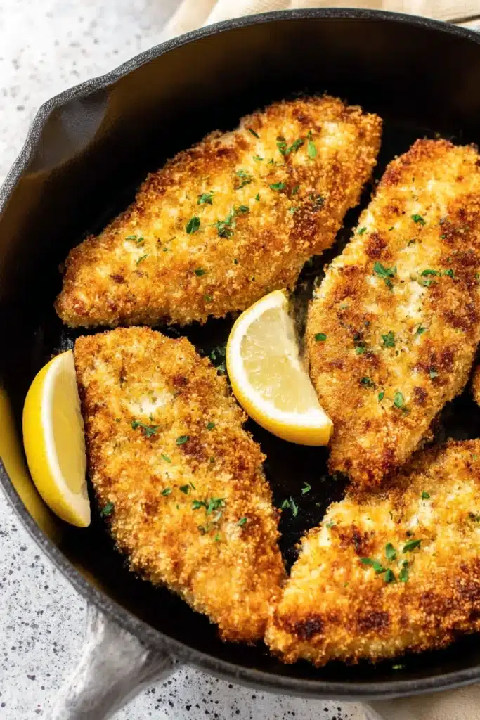 Golden parmesan crusted chicken frying in a black cast iron skillet with lemon wedge and herb garnish

